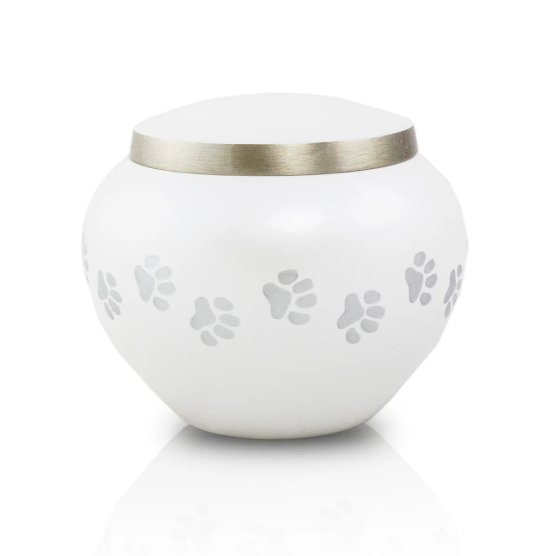 A pearly white brass pet urn with polished pewter paw prints on it, and a polished pewter lid.