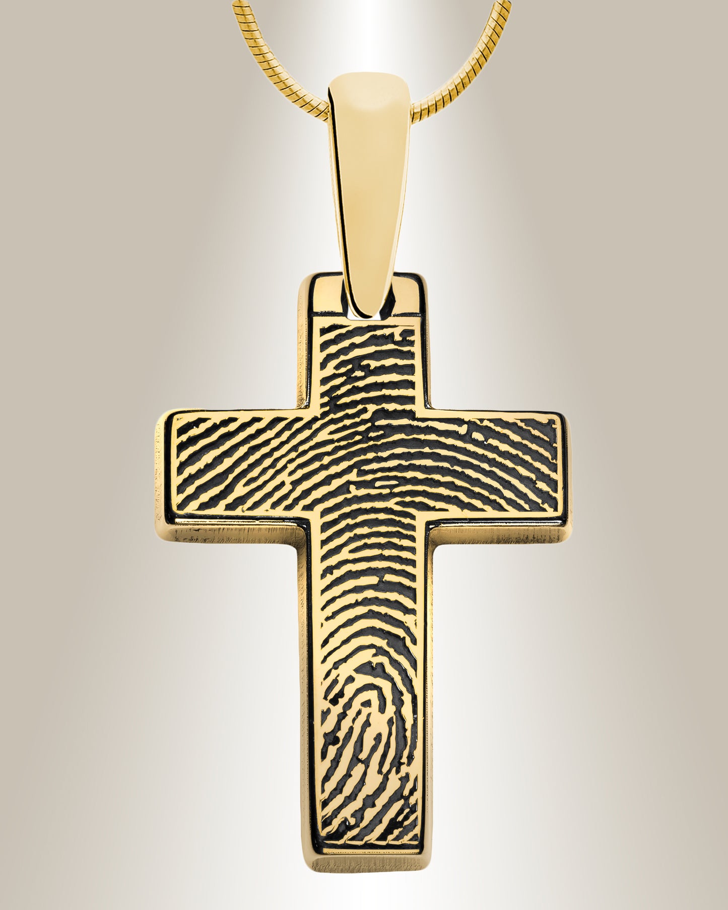 A sterling silver cross pendant with a fingerprint laser engraved on it, displayed with a 20" chain.