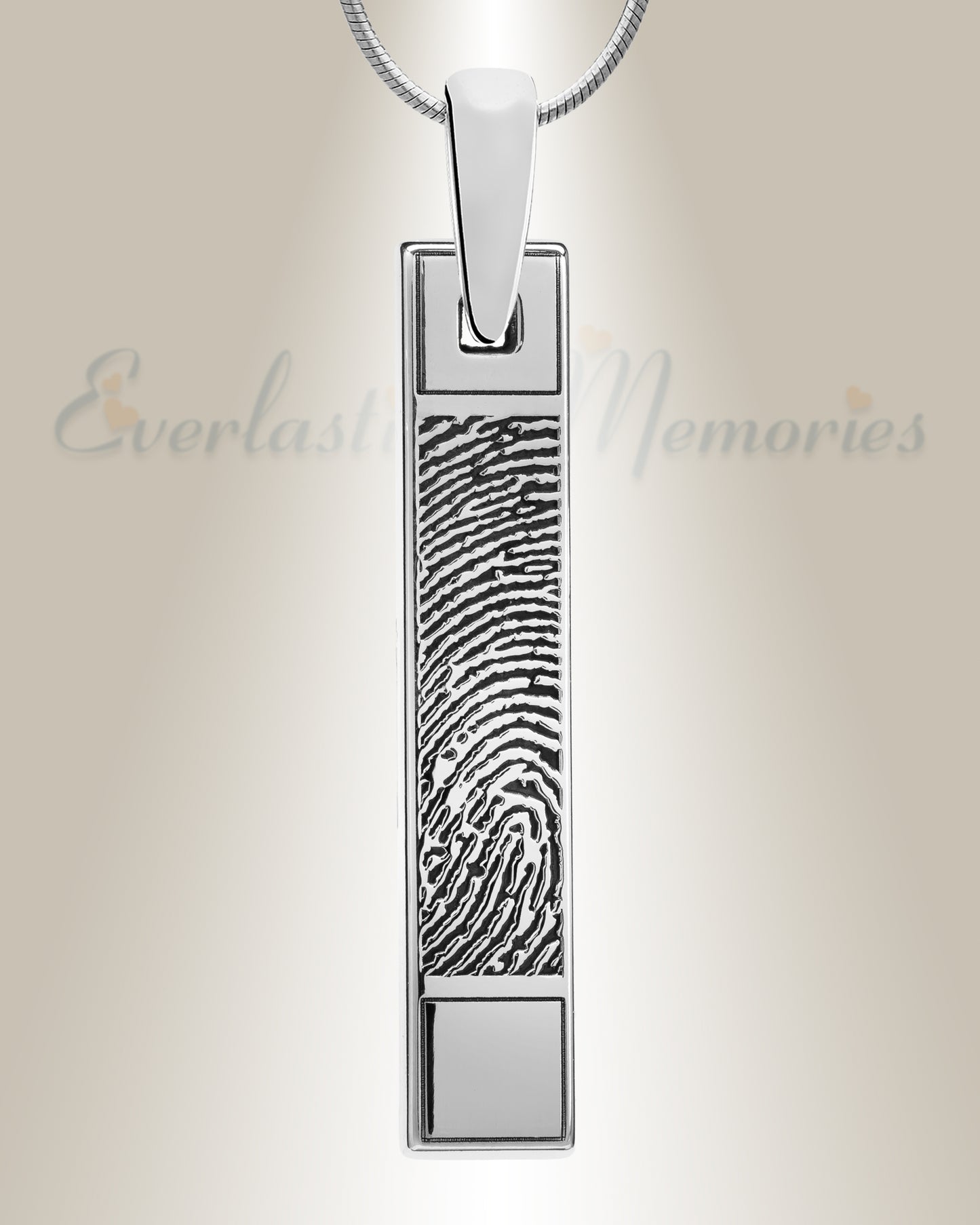 A long bar fingerprint pendant made of sterling silver with a raised platform at the top and bottom, featuring an engraved fingerprint in the center.