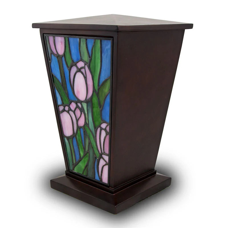 cremation urn showing pink tulips