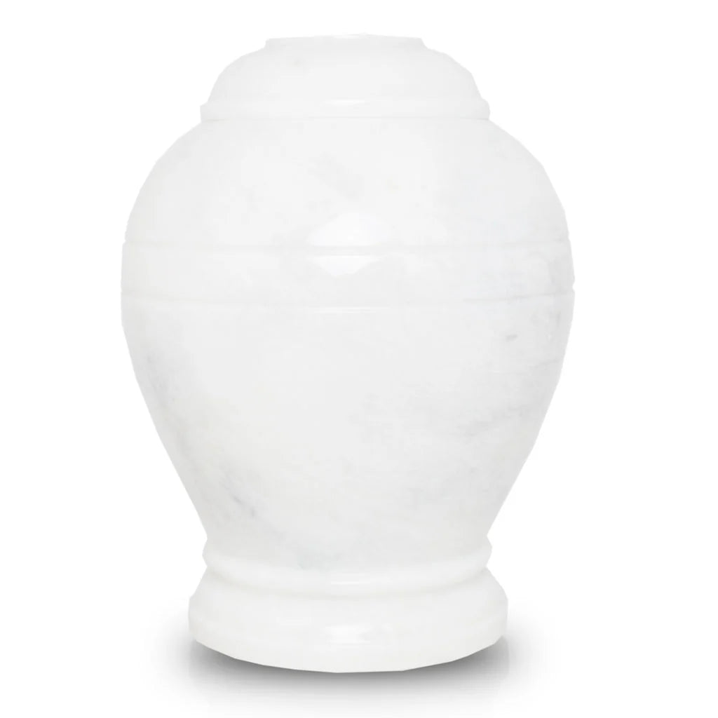 A white marble urn with a smooth finish, displayed against a white background.