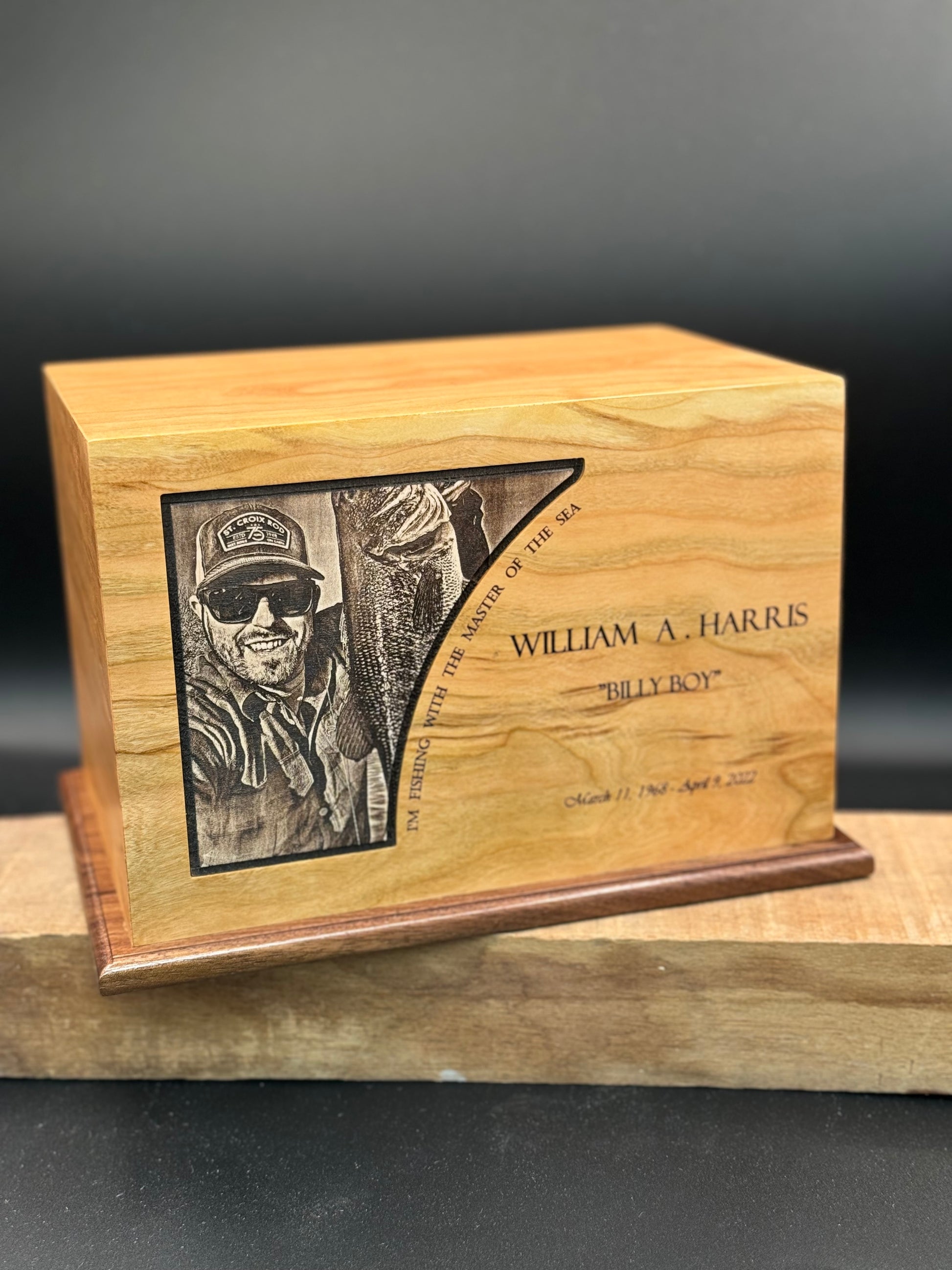 Hoizontal Wood Urn . Our photo urns feature a laser-etched photo.