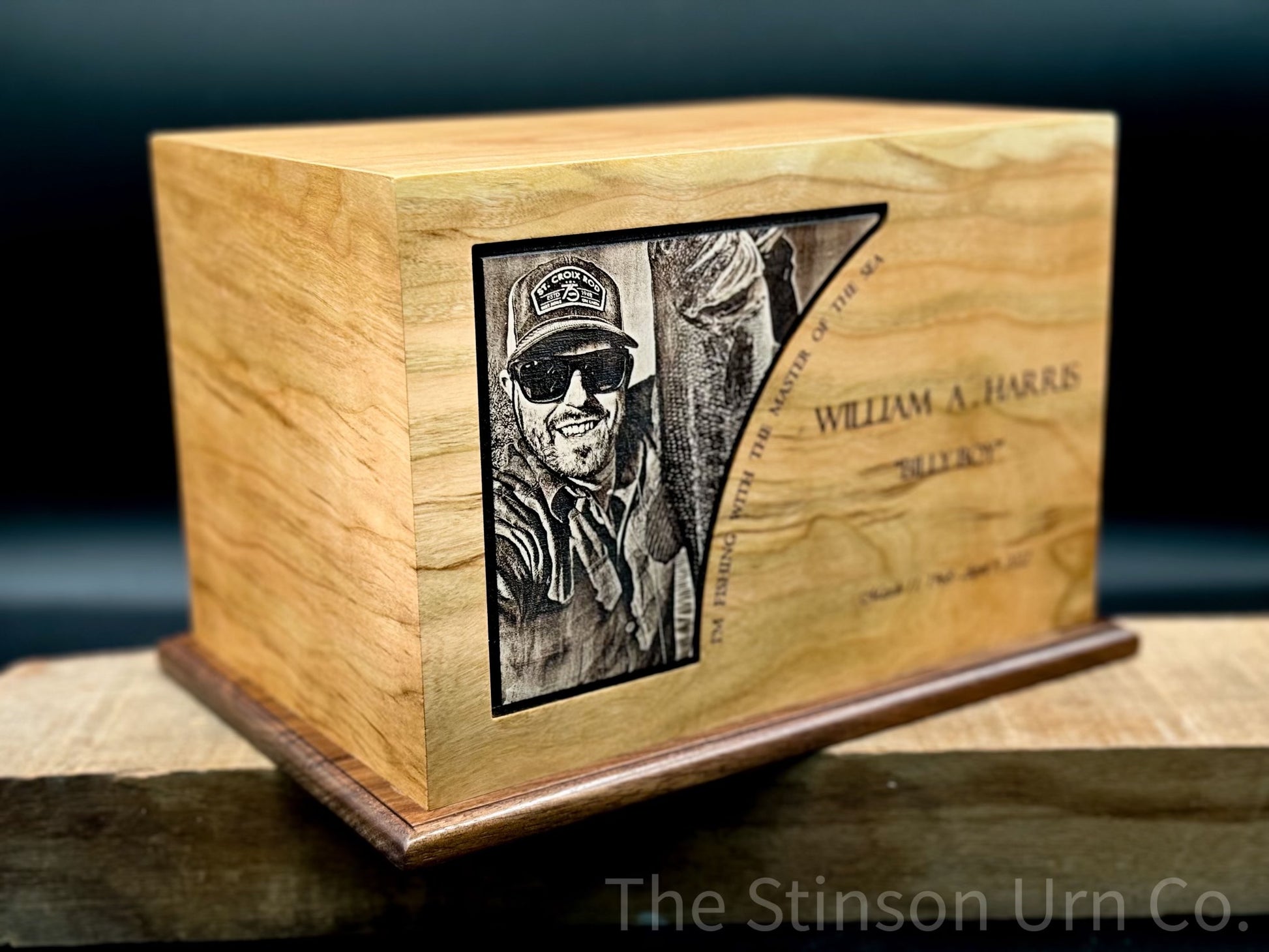 laser engraved wood urn for a personalized cremation memorial. 