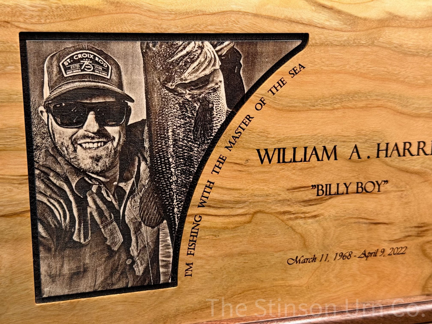 Personalized wood urn for a fisherman. 
