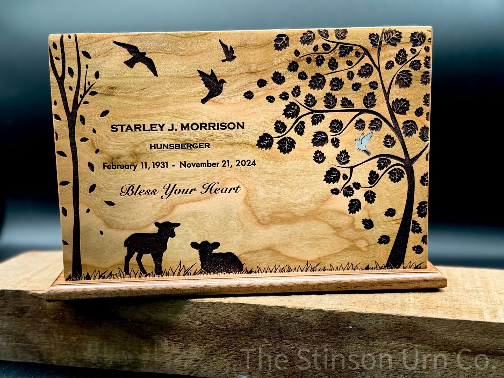 Personalized Wood Urn with lambs and birds
