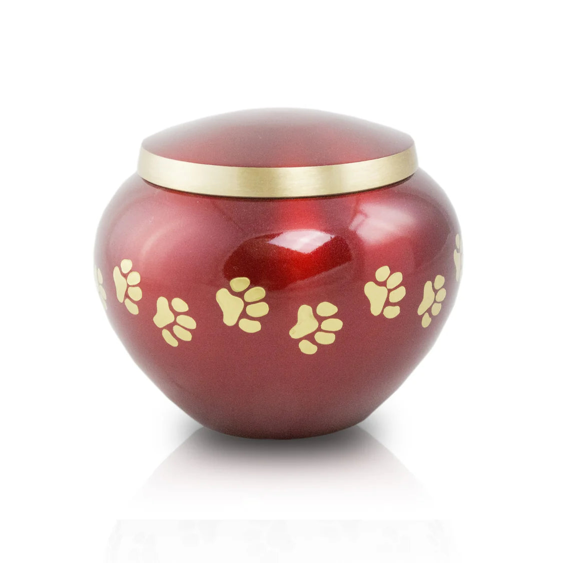 A metallic crimson pet cremation urn with bronze paw prints and a gold lid.