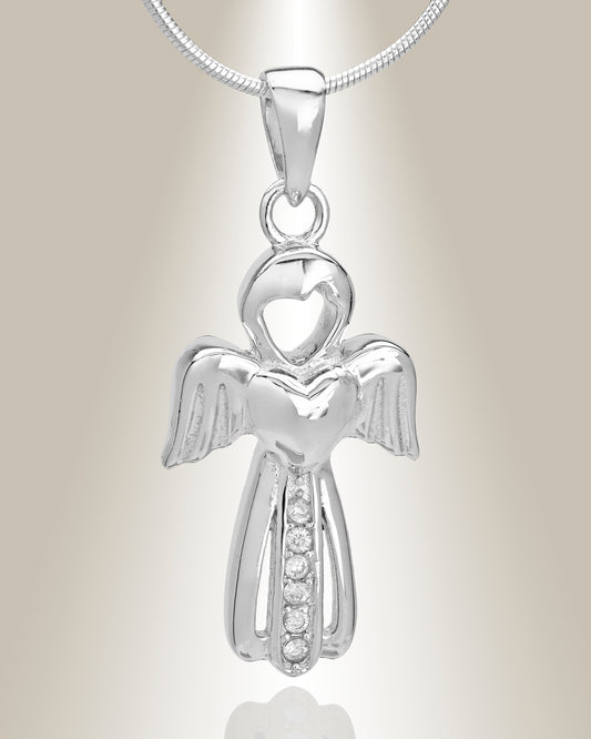 A silver angel-shaped cremation pendant with small gemstone accents, suspended from a silver chain.