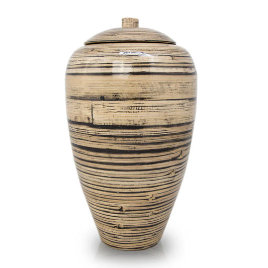 A tall bamboo urn with a smooth finish and rough black stripes, featuring a classic shape.
