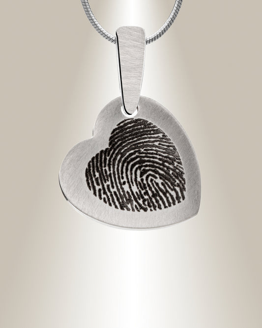 A stainless steel fingerprint pendant with a brushed appearance and an engraved fingerprint image in the center, attached to a chain.