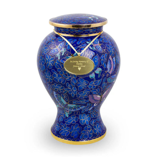 A large blue cloisonne urn with floral designs and butterflies, featuring a gold wire art on its surface. A gold or silver engraved hanging oval pendant can be added.
