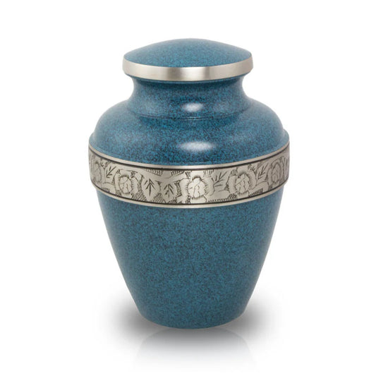 A medium to large-sized blue cremation urn with a floral band design and a nickel-plated lid.