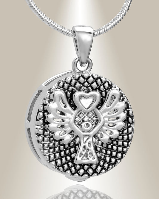 A sterling silver round cremation pendant with a weaved design and an angel motif, displayed with a 20" chain.
