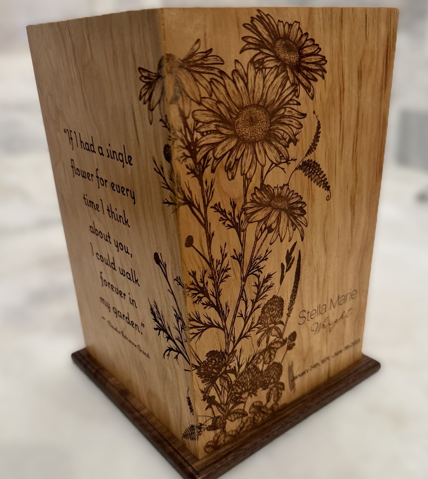 personalize your loved ones name on this wood flower urn. 