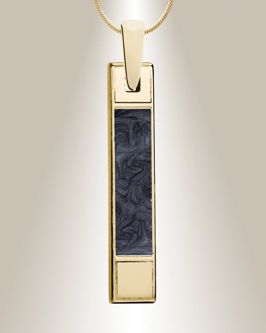 A rectangular pendant necklace with a blend of cremated ashes and a gemstone-like resin, shown in black color, mounted on a silver or metallic chain.