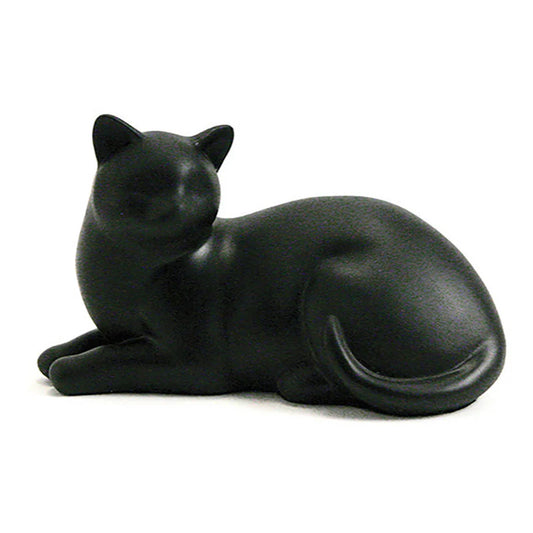 A handcrafted black resin cat-shaped cremation urn